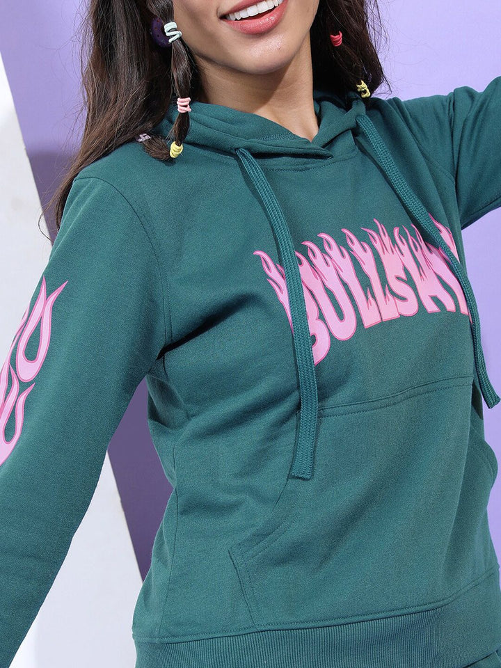 Tokyo Talkies Women Teal Printed Hooded Sweatshirt