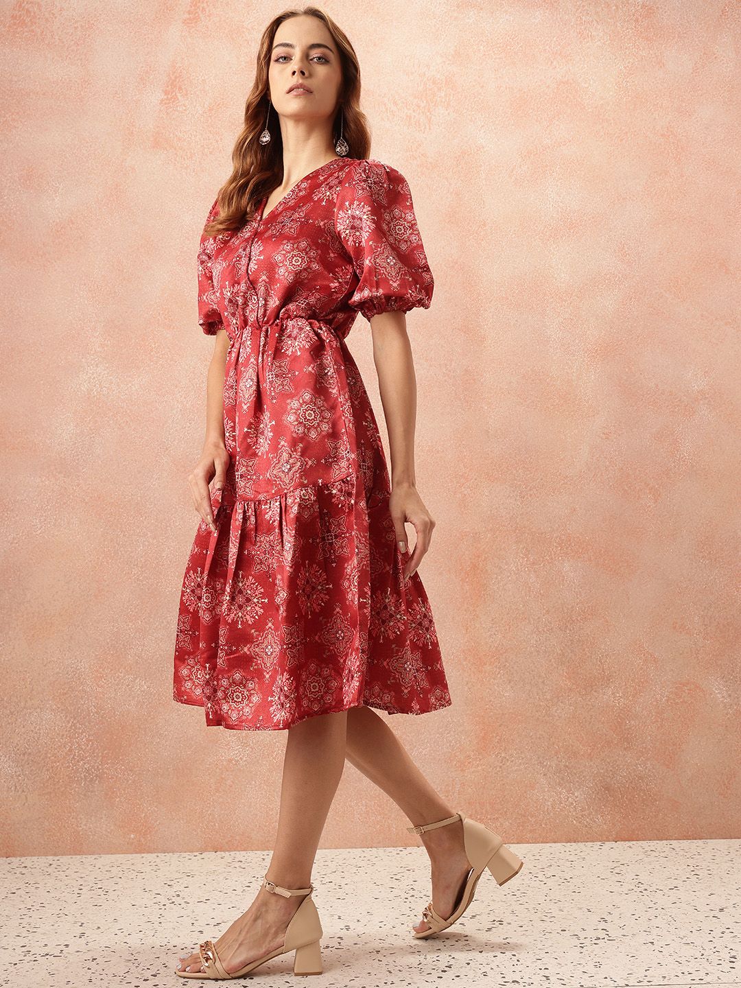 all about you Ethnic Motifs Print Puff Sleeves Wrap-Style Dress