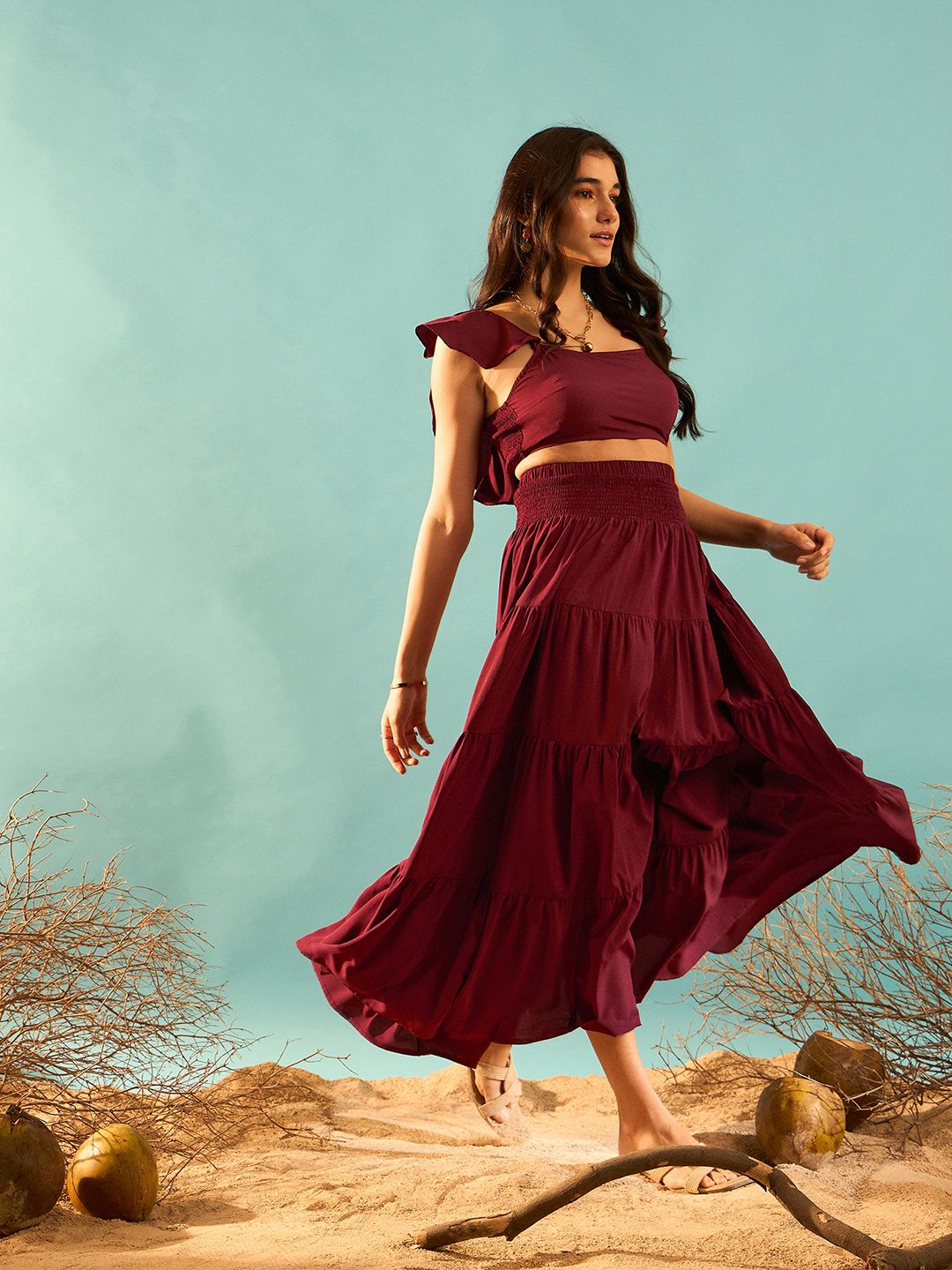 Berrylush Maroon Square Neck Top With Skirt