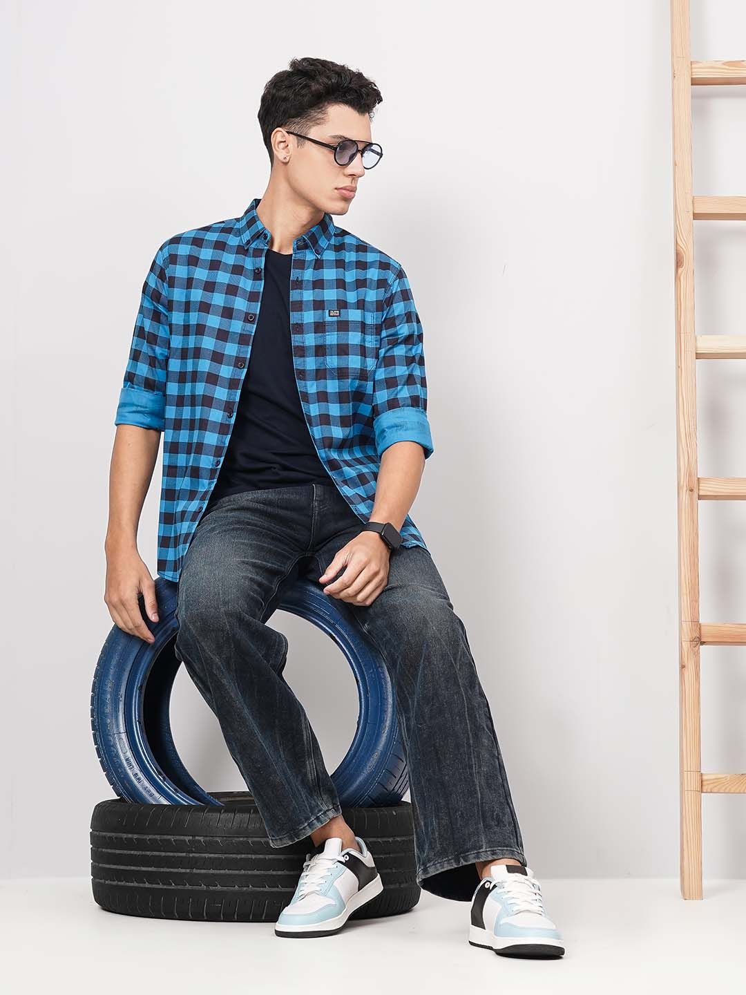 The Indian Garage Co Men Blue & Black Slim Fit Checked Casual Shirt
