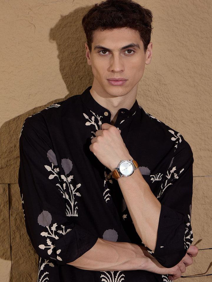 Dennison Floral Printed Cotton Band Collar Lurus Kurta