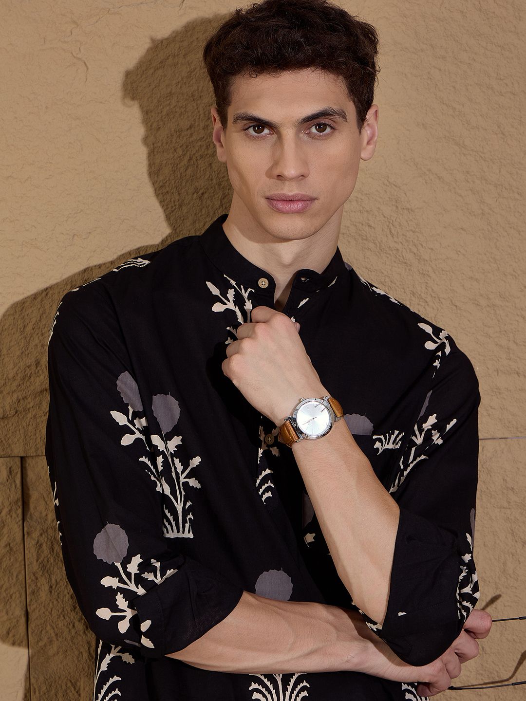 Dennison Floral Printed Cotton Band Collar Lurus Kurta