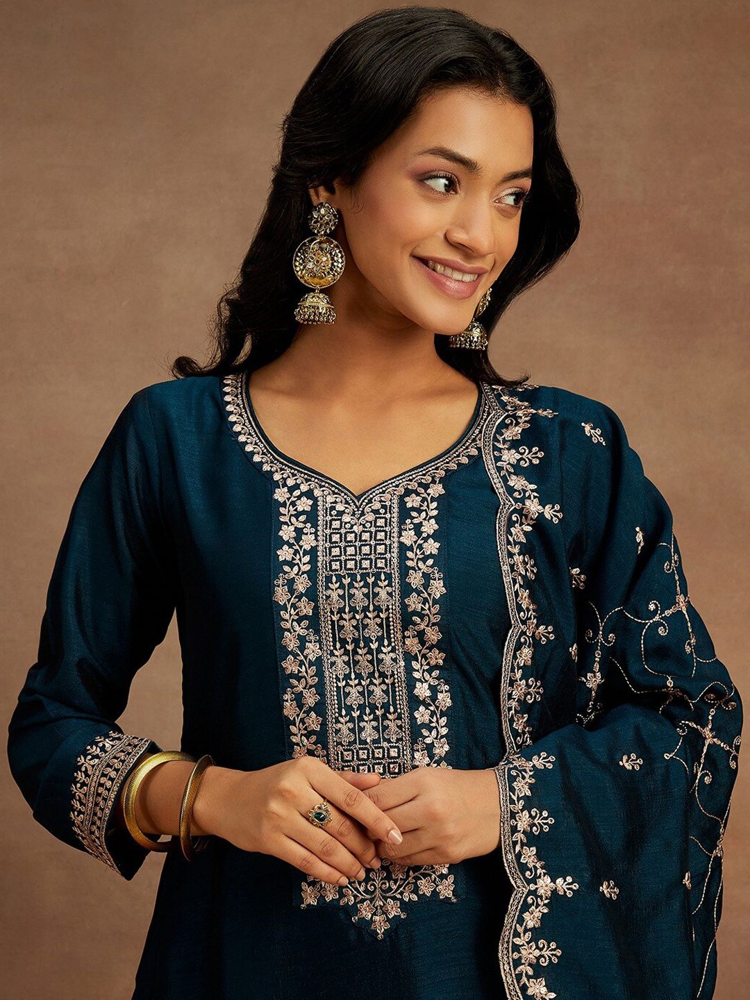 Libas Yoke Design Sequinned Straight Kurta with Trousers & With Dupatta