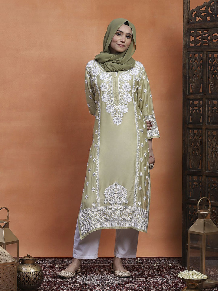 Rumah Wanita Chikankari Kurta Bersulam Chanderi Chikankari Hijau Muda