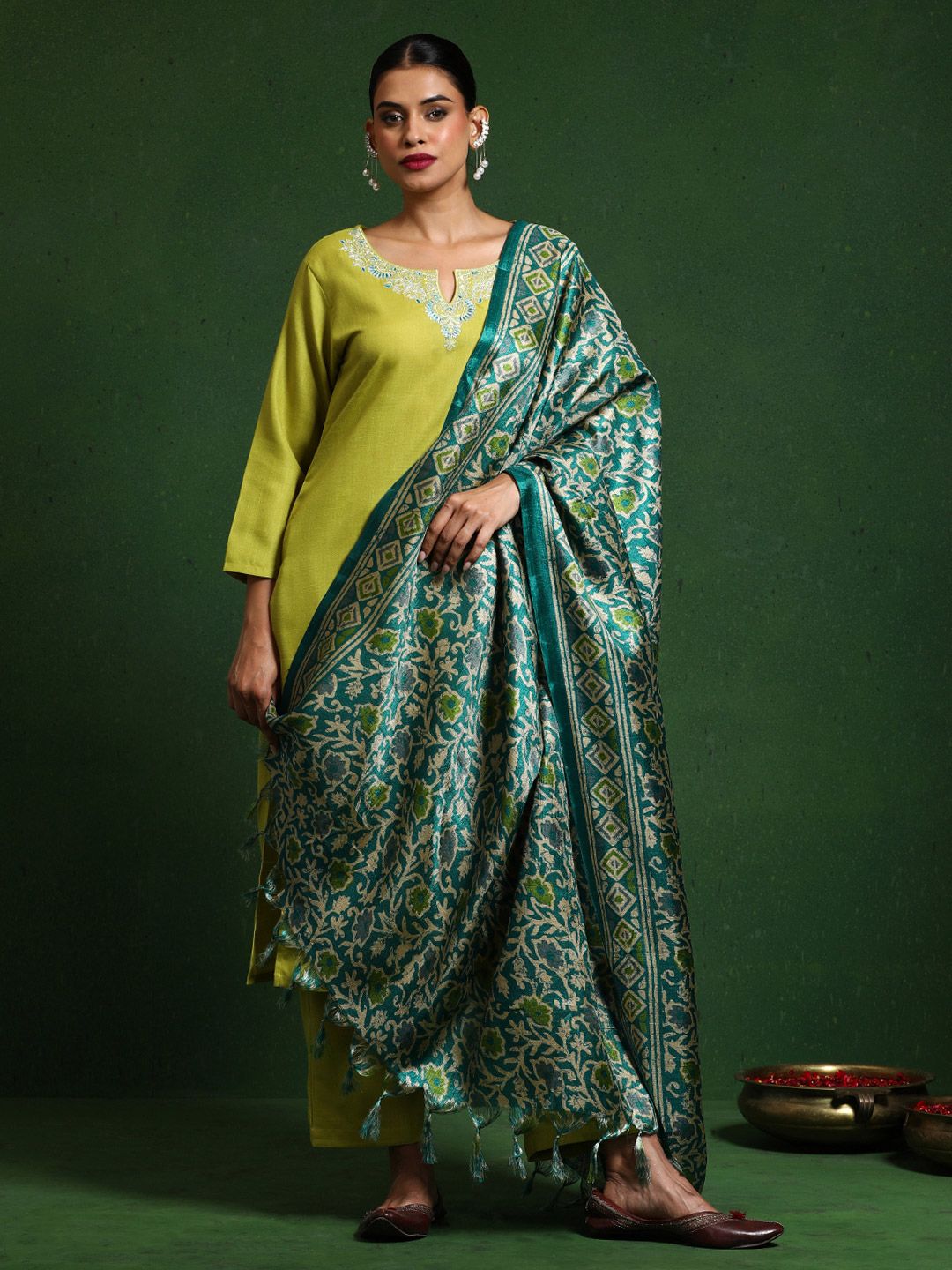 Varanga Floral Embroidered Notch Neck Straight Kurta With Trousers And Dupatta
