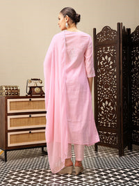 House of Pataudi Chikankari Floral Embroidered Jashn Kurta with Trousers & With Dupatta