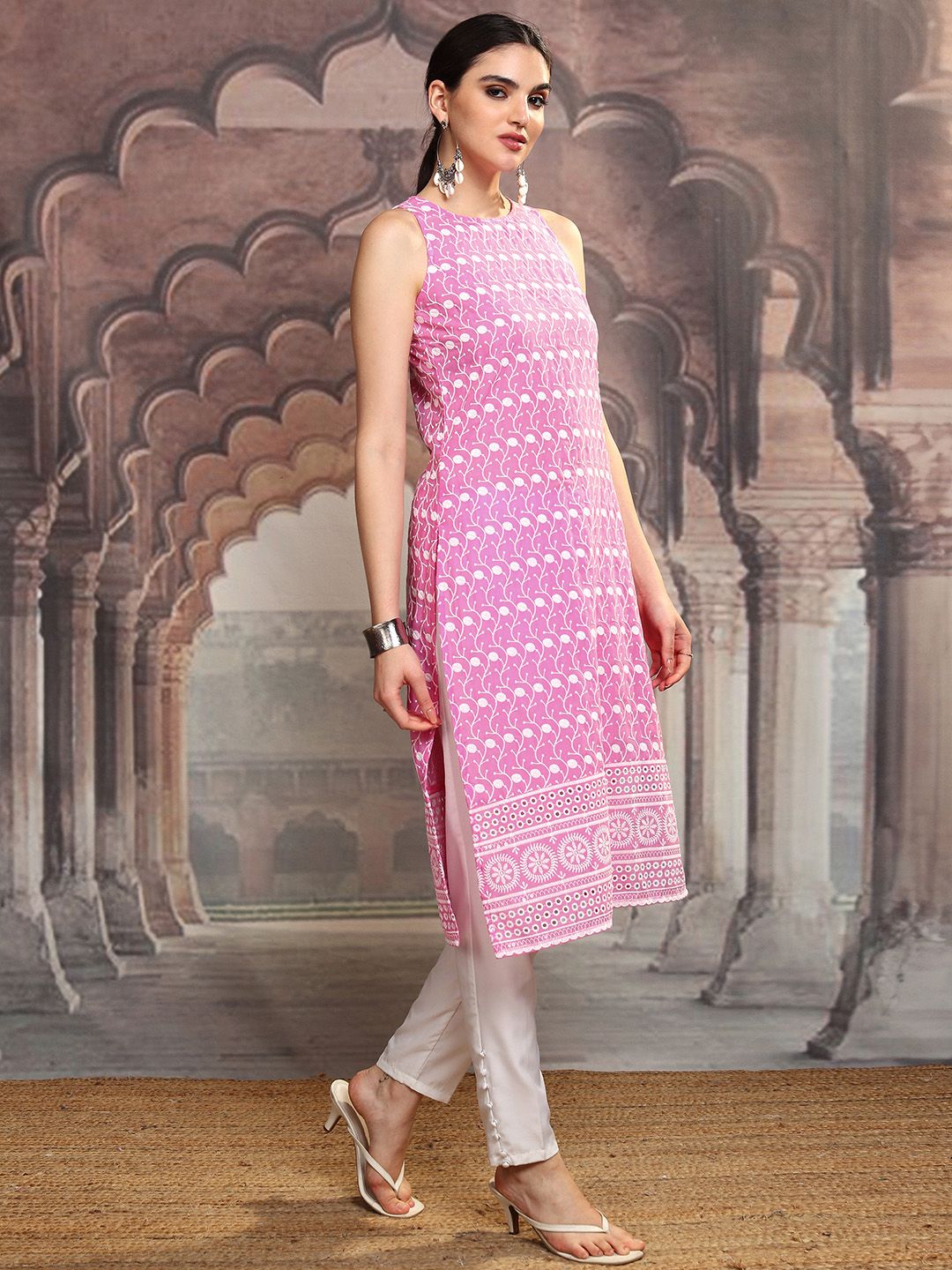 Vishudh Pink Floral Embroidered Round Neck Sleeveless Schiffli Work Straight Kurta