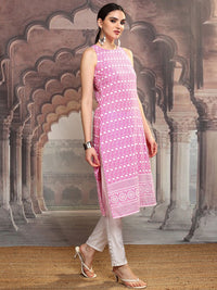 Vishudh Pink Floral Embroidered Round Neck Sleeveless Schiffli Work Straight Kurta