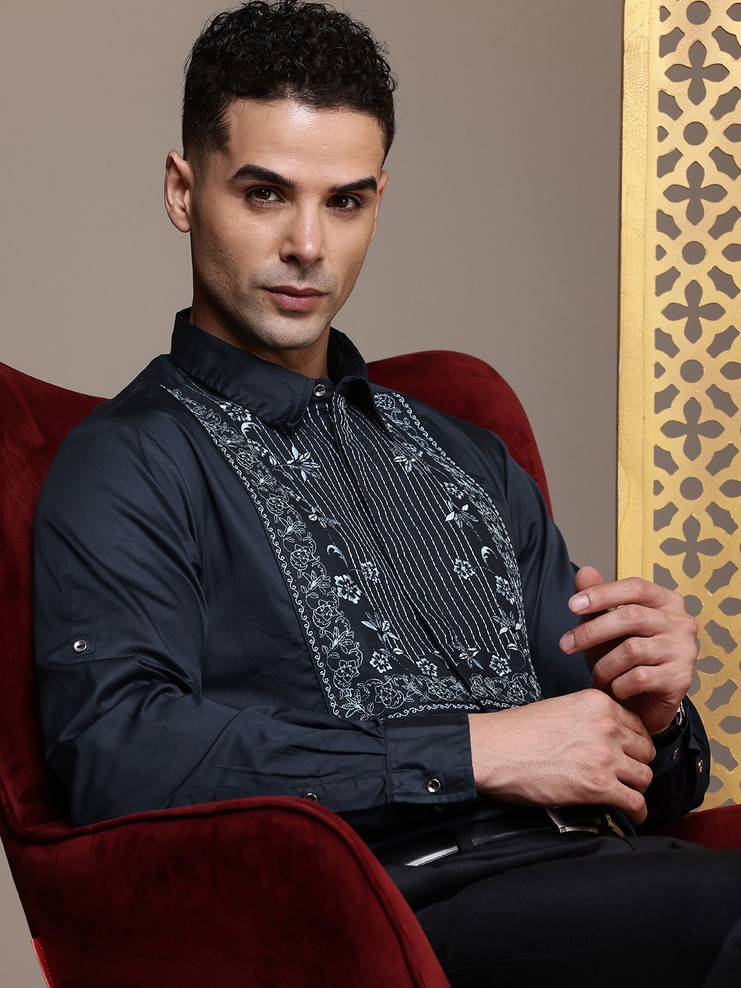 House of Pataudi Floral Embroidered Roll-Up Sleeves Pure Cotton Party Rozana Shirt
