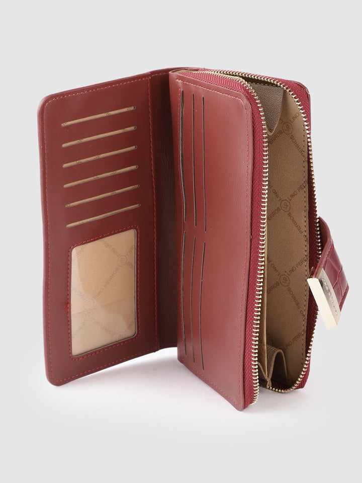 Lino Perros Women Maroon Croc Textured Zip Around Wallet