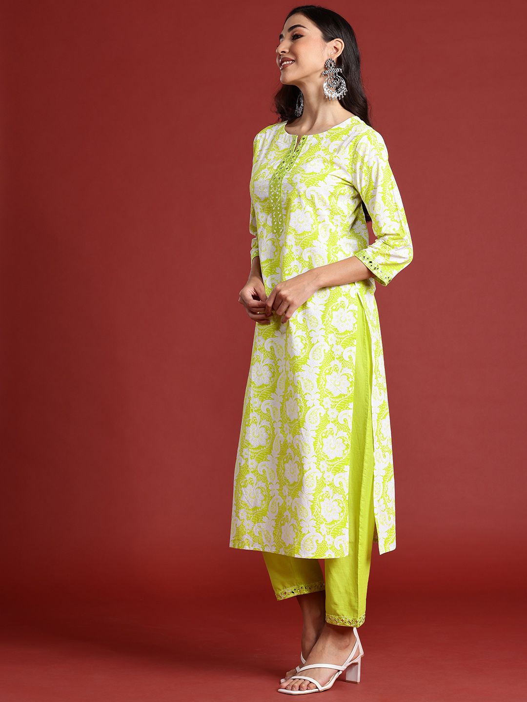 Indo Era Floral Printed Thread Work Pure Cotton Kurta With Trousers & Dupatta
