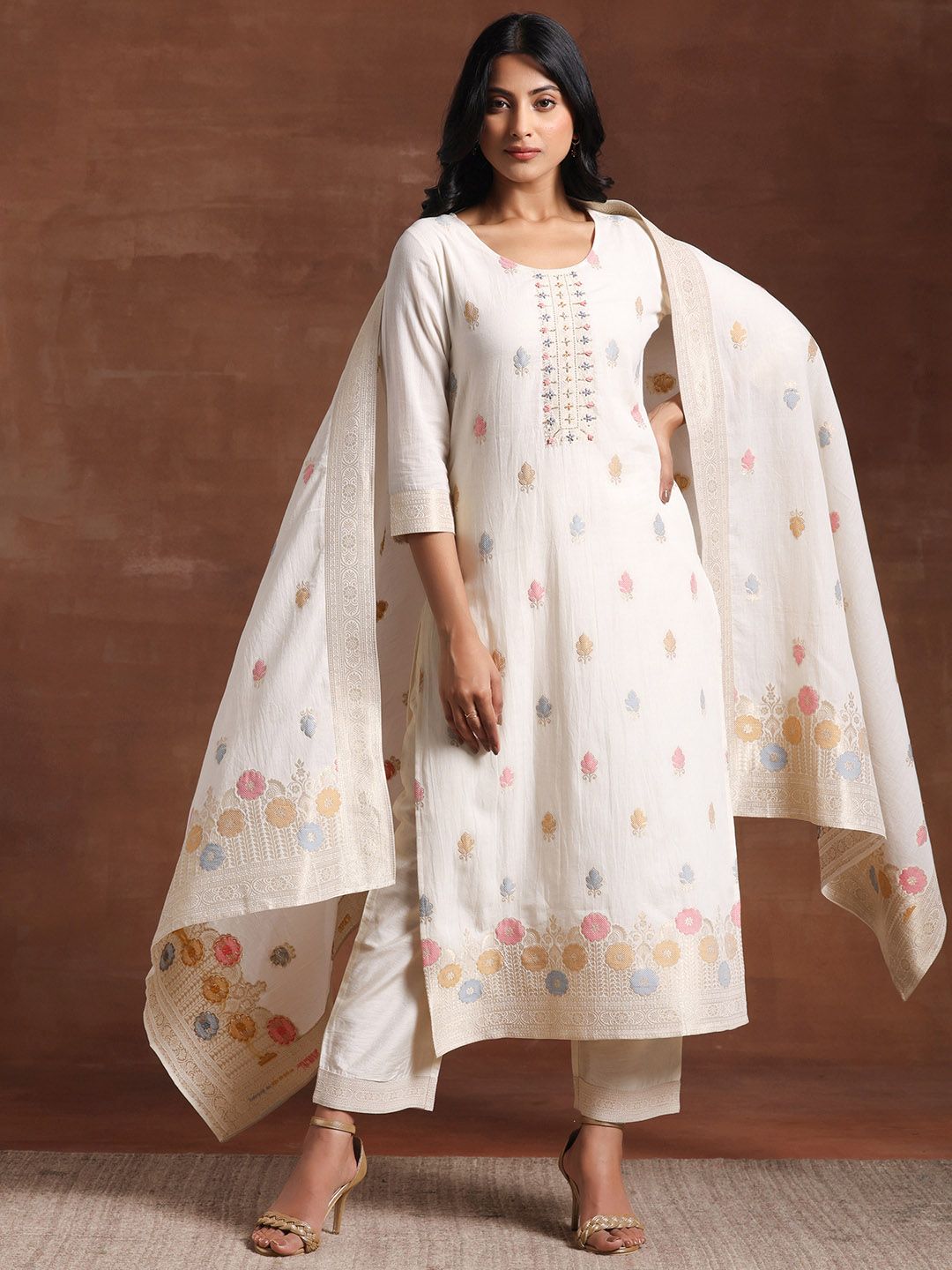Libas Floral Woven Design Regular Linen Kurta with Palazzos & With Dupatta