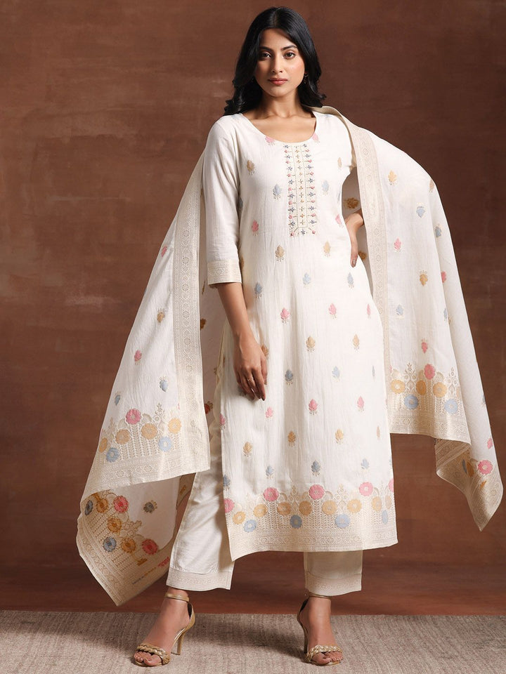 Libas Floral Woven Design Regular Linen Kurta with Palazzos & With Dupatta