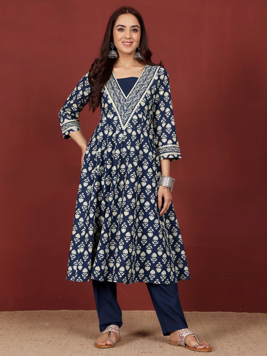 Varanga Floral Printed V-Neck Gotta Patti Pure Cotton A-Line Kurta With Trousers & Dupatta