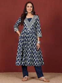 Varanga Floral Printed V-Neck Gotta Patti Pure Cotton A-Line Kurta With Trousers & Dupatta