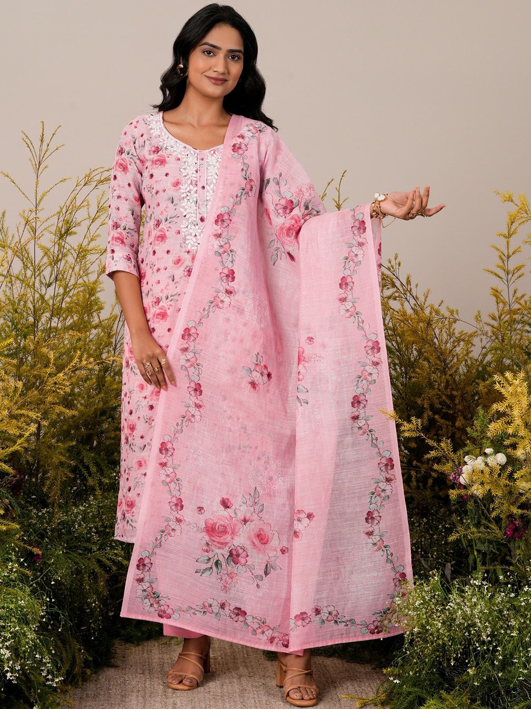 Libas Floral Printed Round Neck Thread Work Linen Kurta with Trousers & With Dupatta