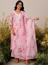 Libas Floral Printed Round Neck Thread Work Linen Kurta with Trousers & With Dupatta