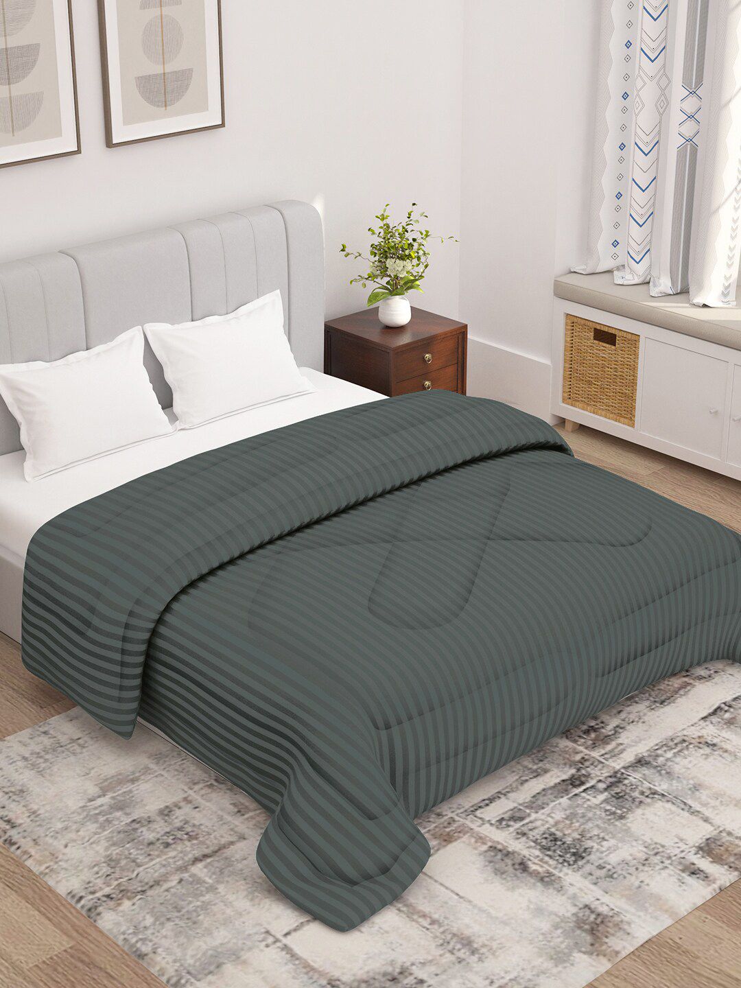 Story@home Charcoal Grey Striped 180 GSM Ac Room Reversible Double Bed Comforter