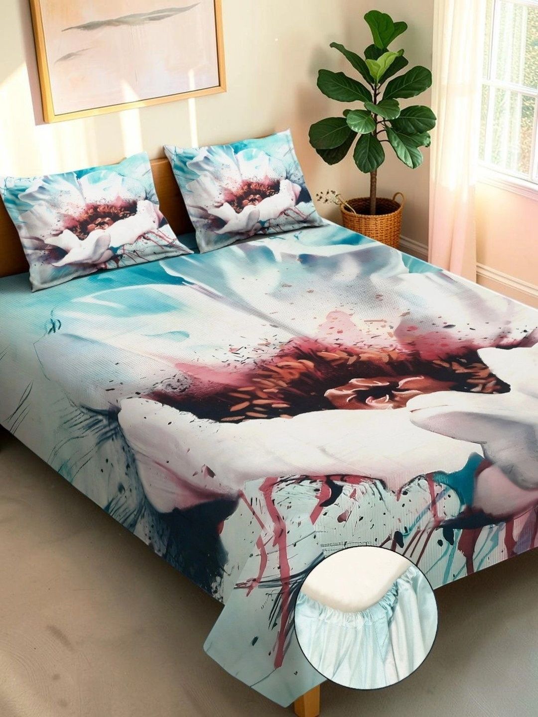 Moda Rapido X KLOTTHE Green & Pink Floral 400 TC Bedsheet with 2 Pillow Covers