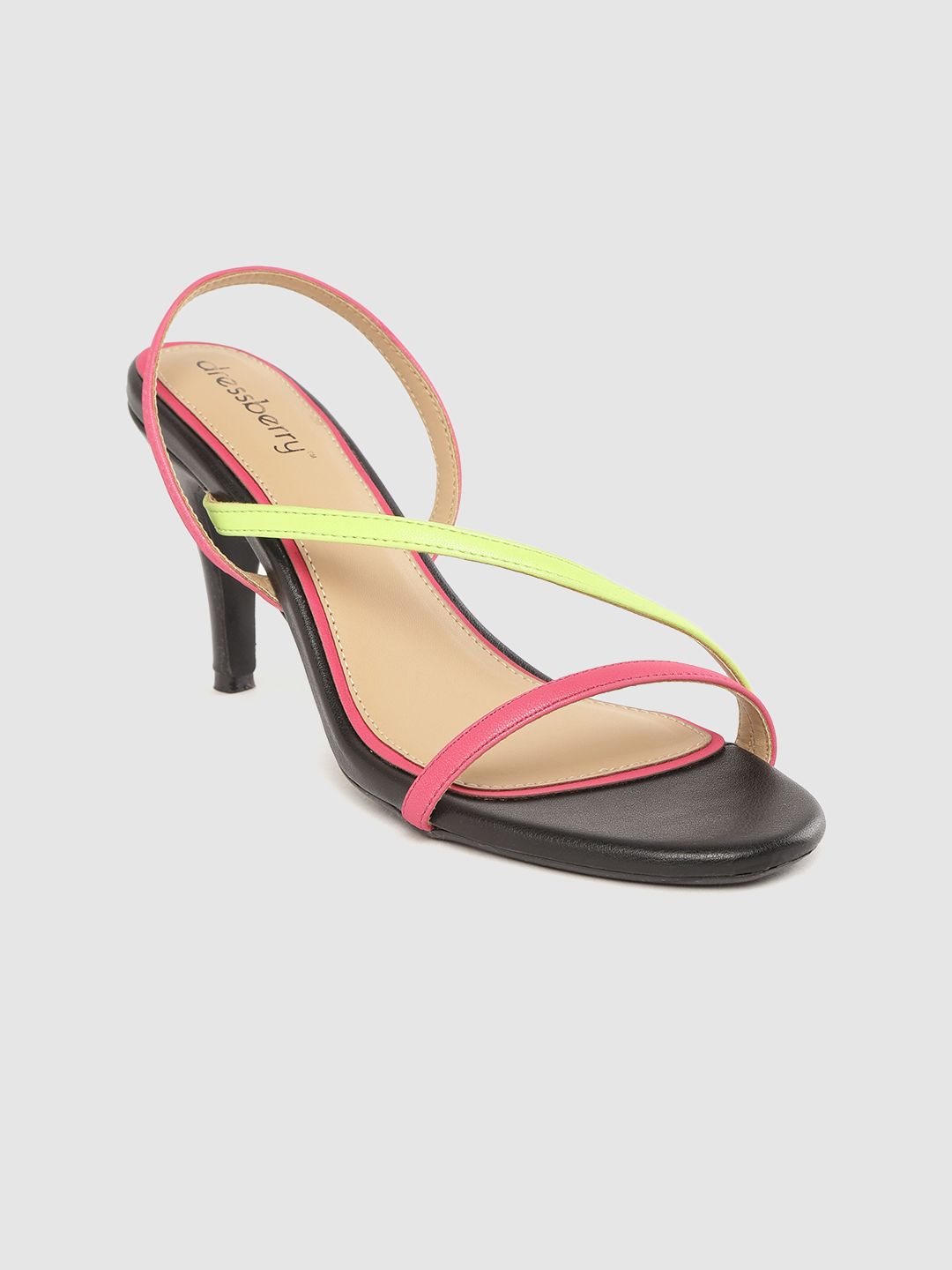 DressBerry Women Fuchsia Pink & Lime Green Colourblocked Strappy Slim Heels