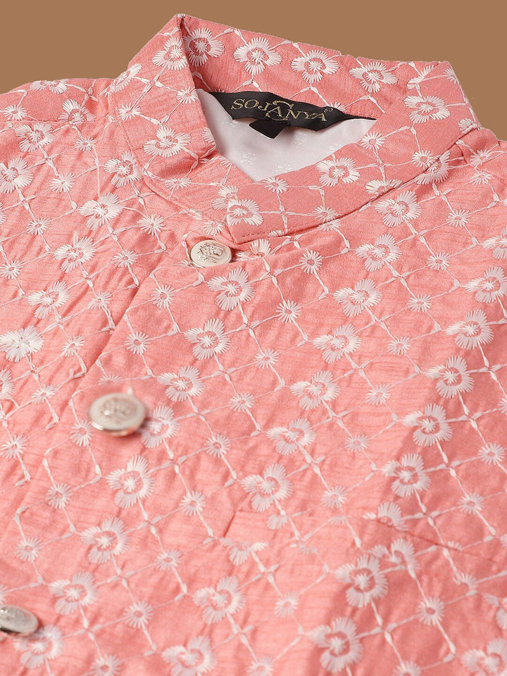 SOJANYA Ethnic Motifs Embroidered Regular Pure Cotton Kurta with Pyjamas & Nehru Jacket