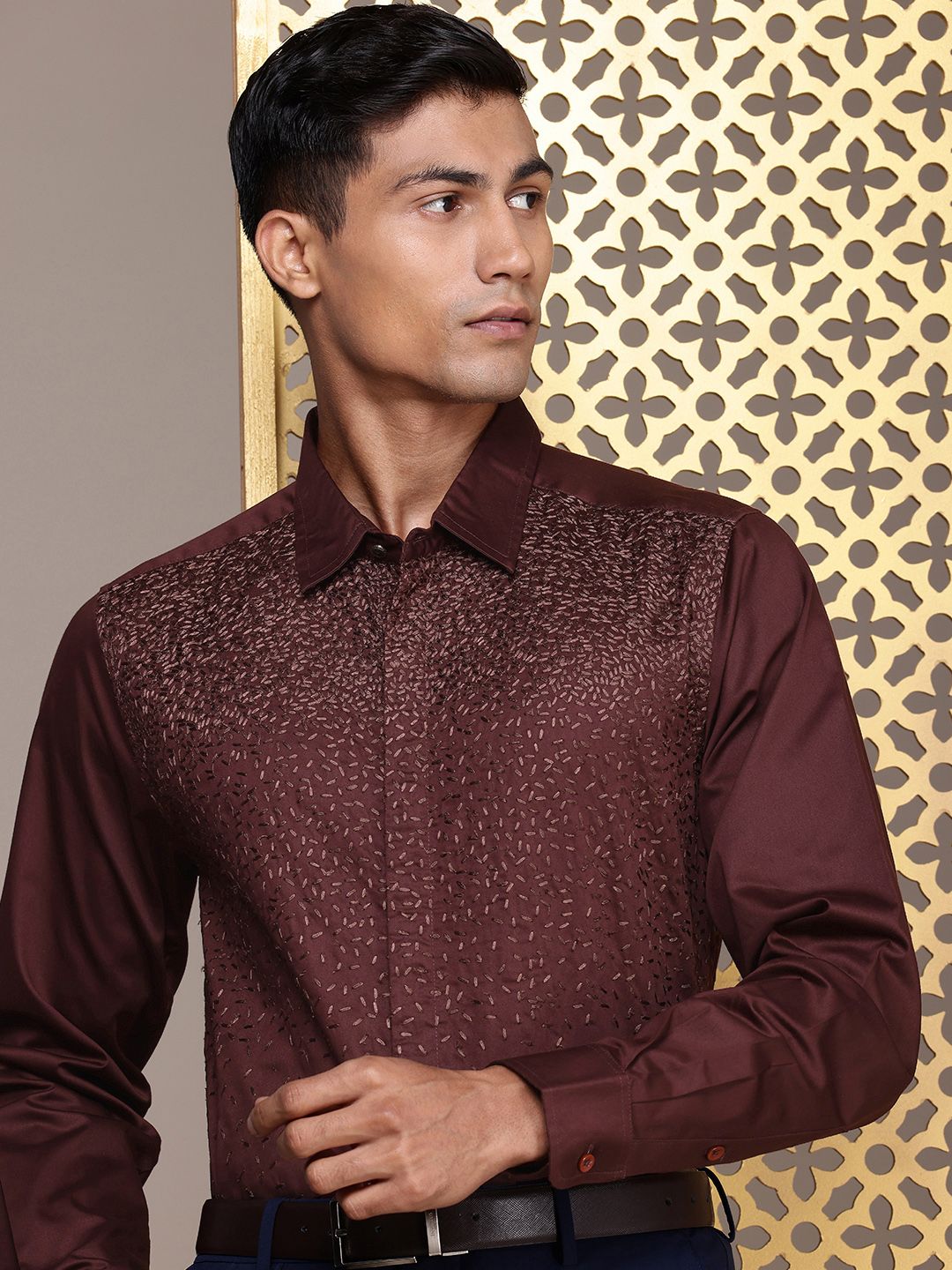 House of Pataudi Self Design Pure Cotton Opaque Party Shirt