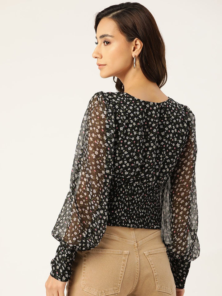 Antheaa Black & White Floral Printed Monochrome Chiffon Top