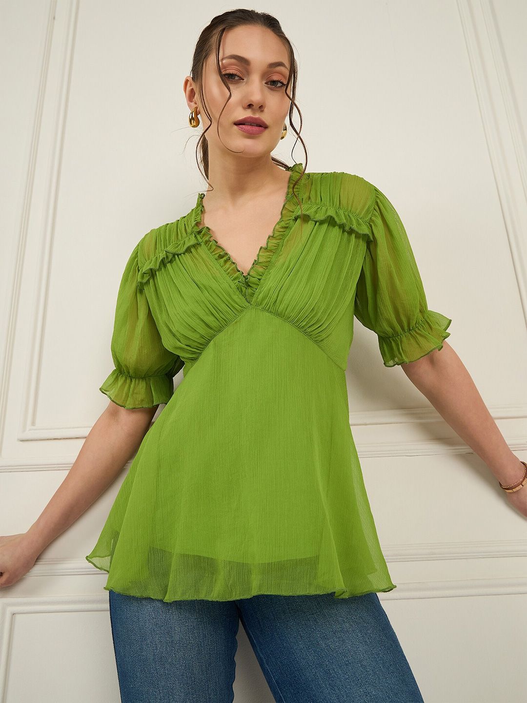 Antheaa Puff Sleeve Chiffon Empire Top