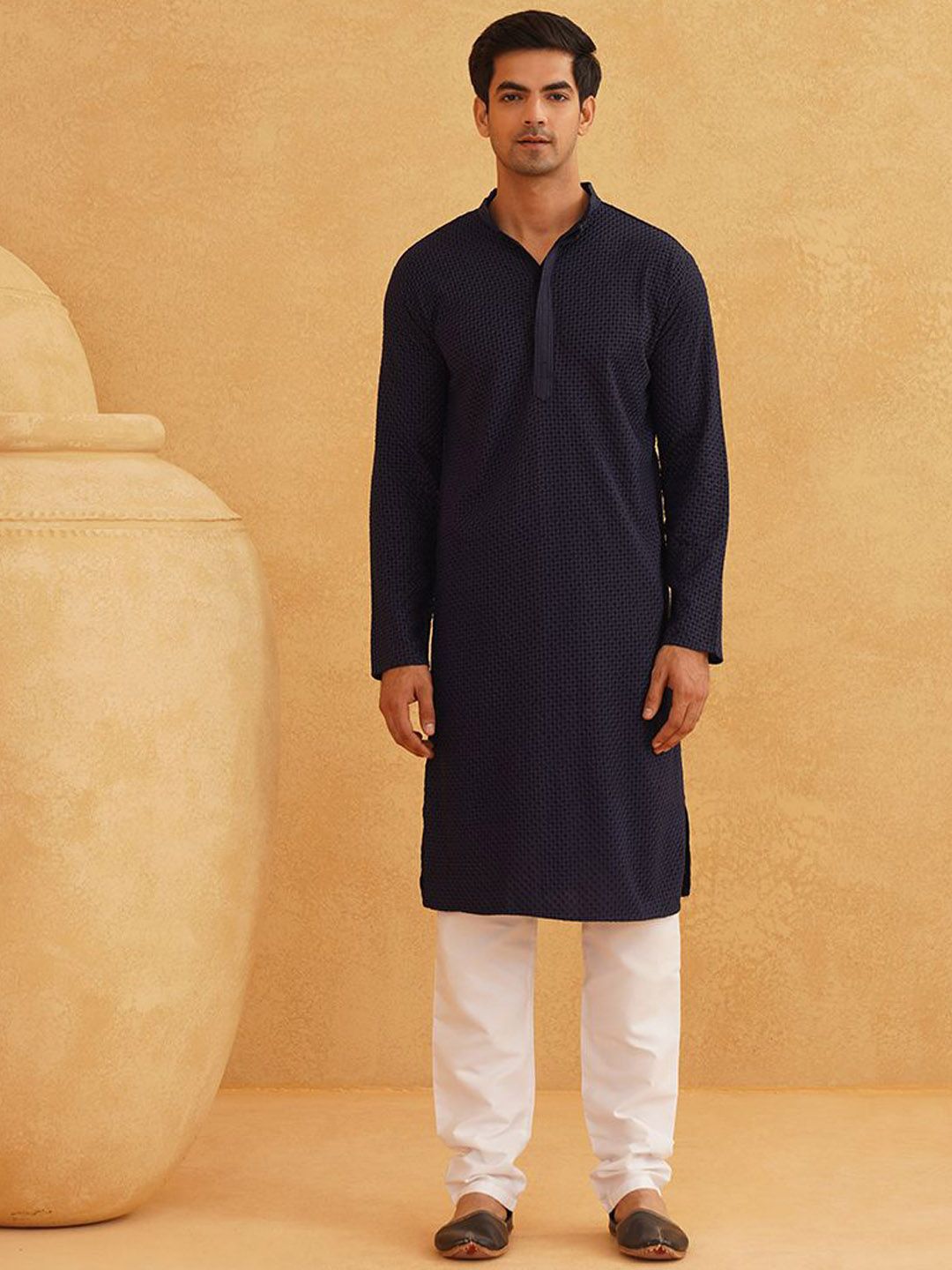 SOJANYA Geometric Embroidered Regular Pure Cotton Straight Kurta With Churidar