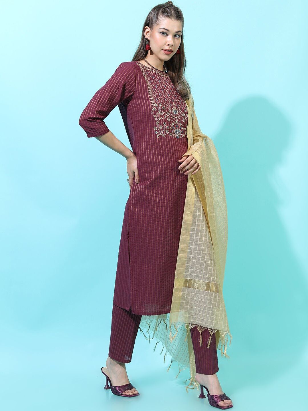 Vishudh Women Striped Pure Cotton Kurta with Trousrer & Dupatta