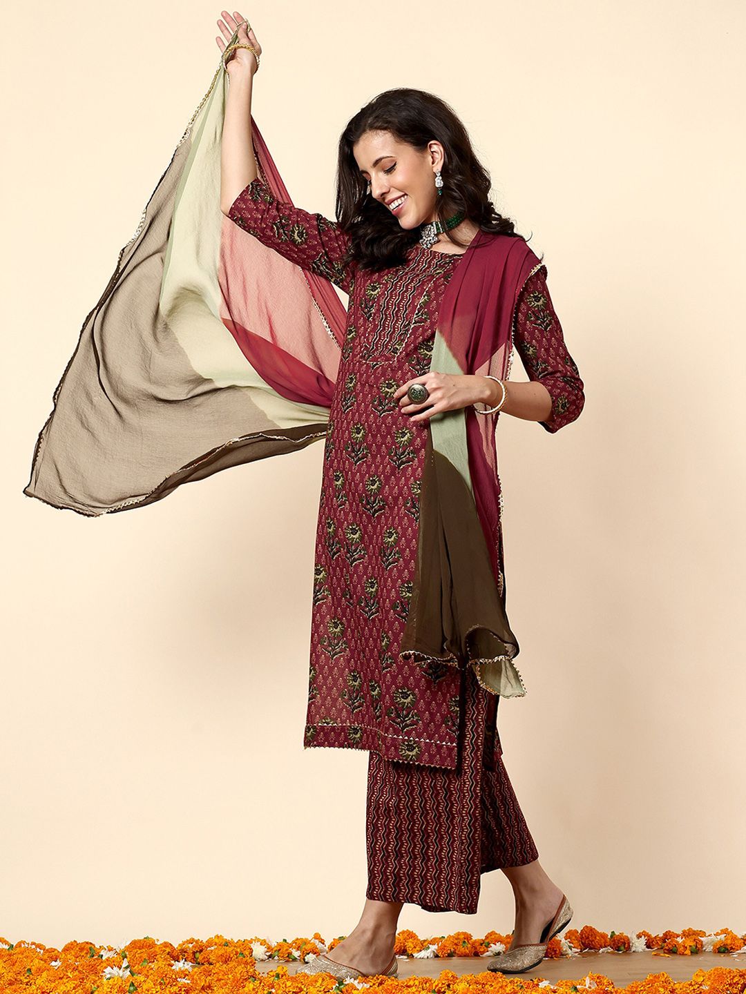 Anouk Maroon & Green Ethnic Printed Pure Cotton Straight Kurta With Palazzos & Dupatta