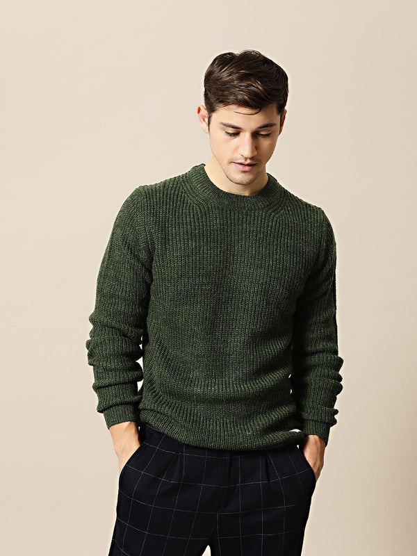 Mr Bowerbird Men Olive Green Solid Pullover Sweater