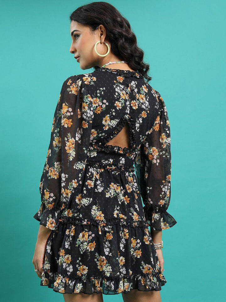 Tokyo Talkies Black Floral Printed Ruffled Detailed V-Neck Puff Sleeve Fit & Flare Dress