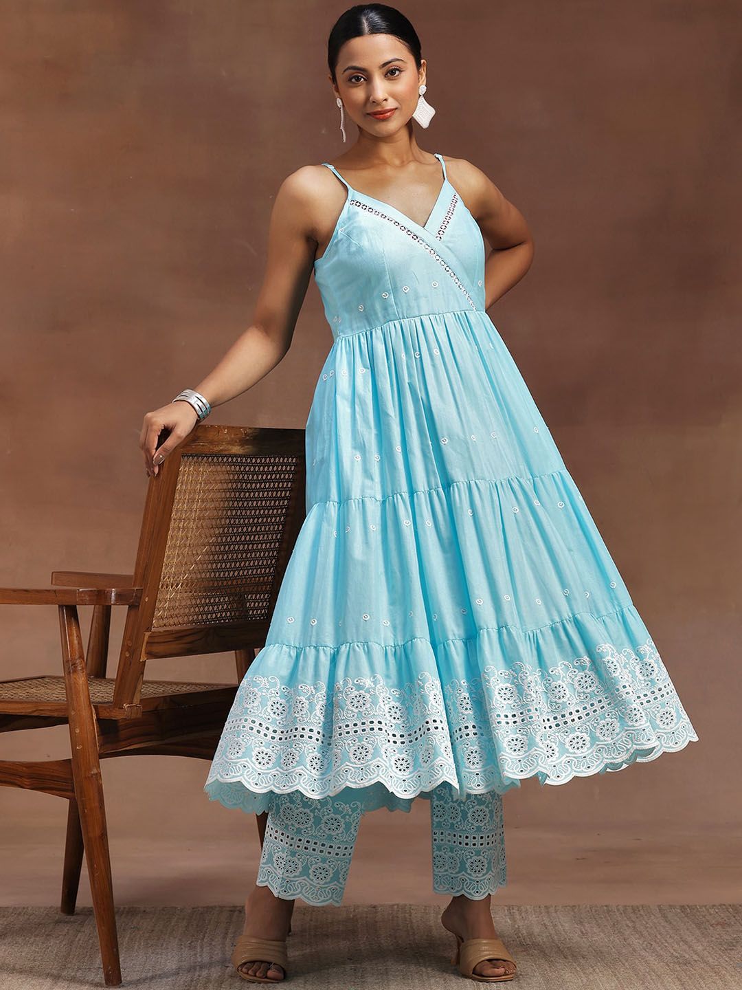 Libas Floral Panelled Schiffli Thread Work Pure Cotton Kurta With Trouser