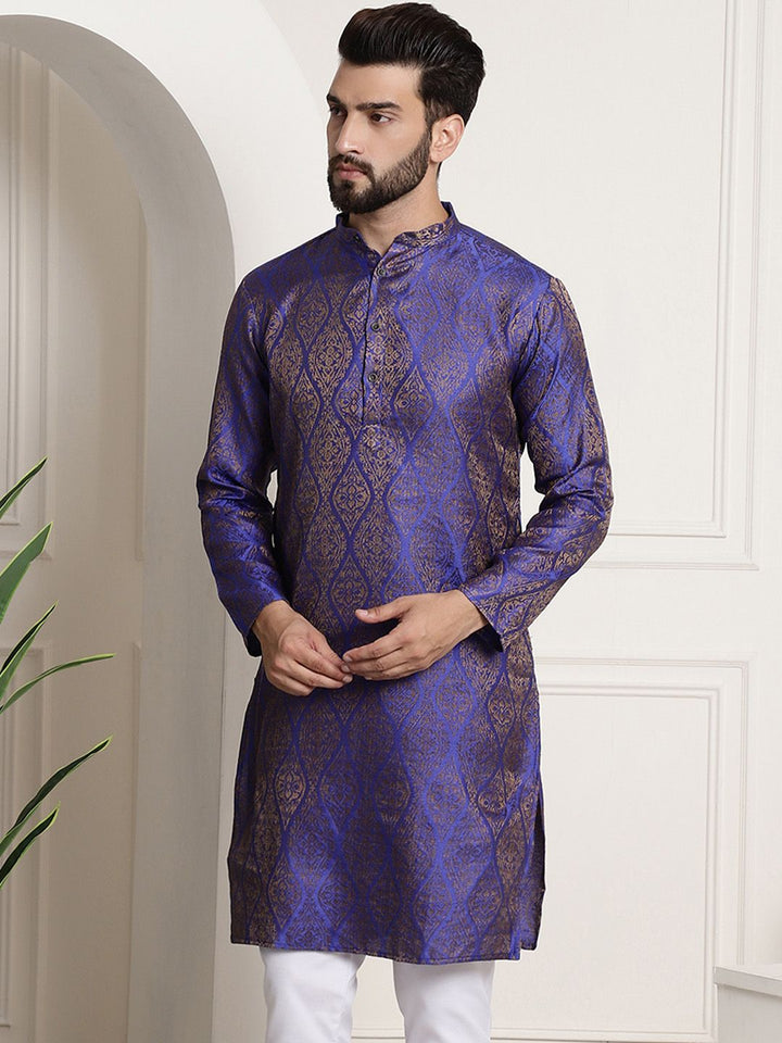 Sojanya Lelaki Motif Etnik Biru & Emas Jacquard Kurta