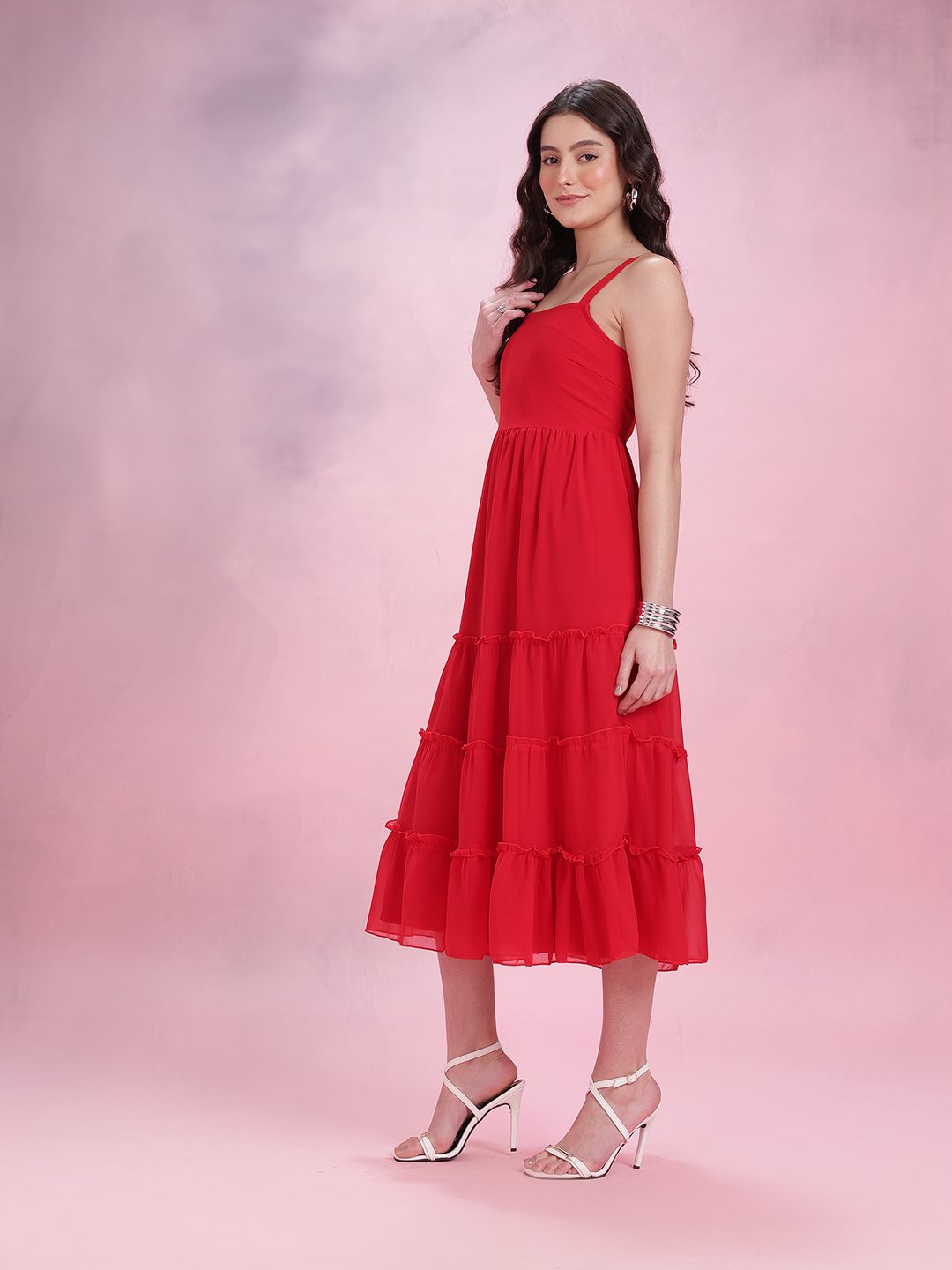 DressBerry Smocked Back Ruffled A-Line Tiered Midi Dress