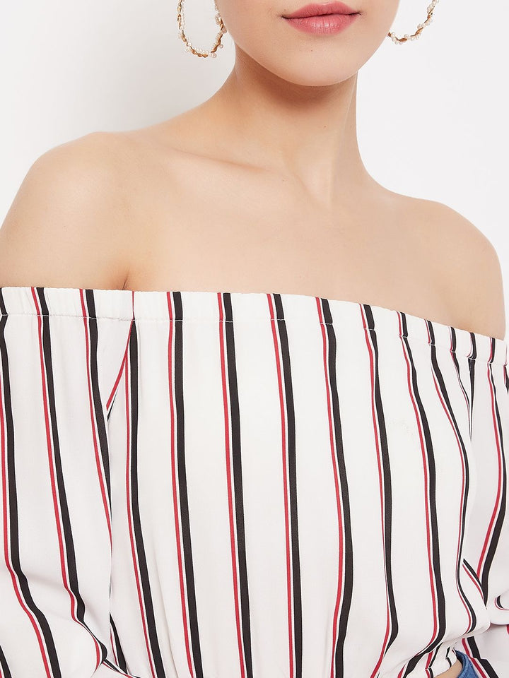Berrylush Women White Striped Bardot Top