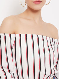 Berrylush Women White Striped Bardot Top