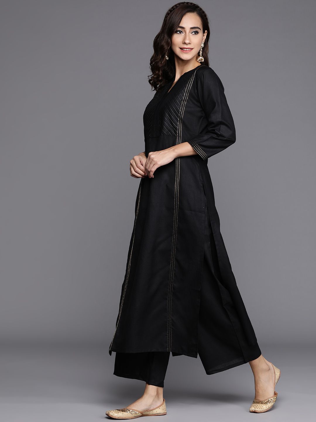 Libas Women Black Pure Cotton Yoke Design Panelled Kurta with Palazzos & Dupatta