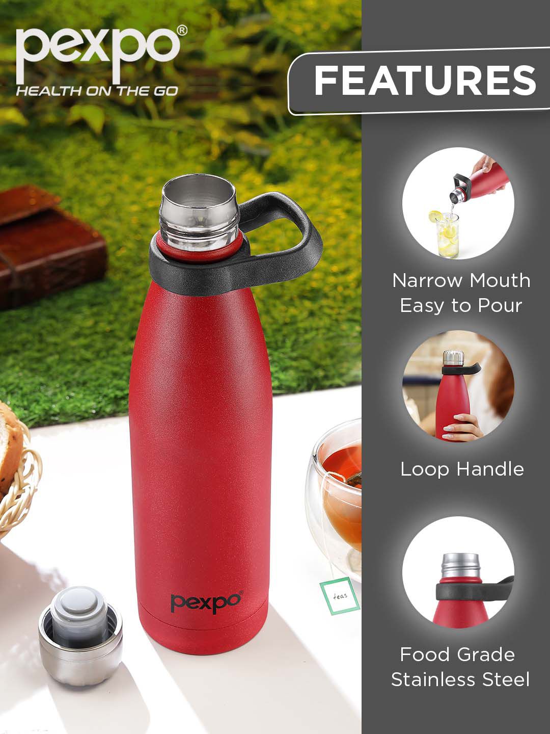 Pexpo Evok Crimson Red ISI Certified Thermosteel Hot flask Insulated Water Bottle 750 ml