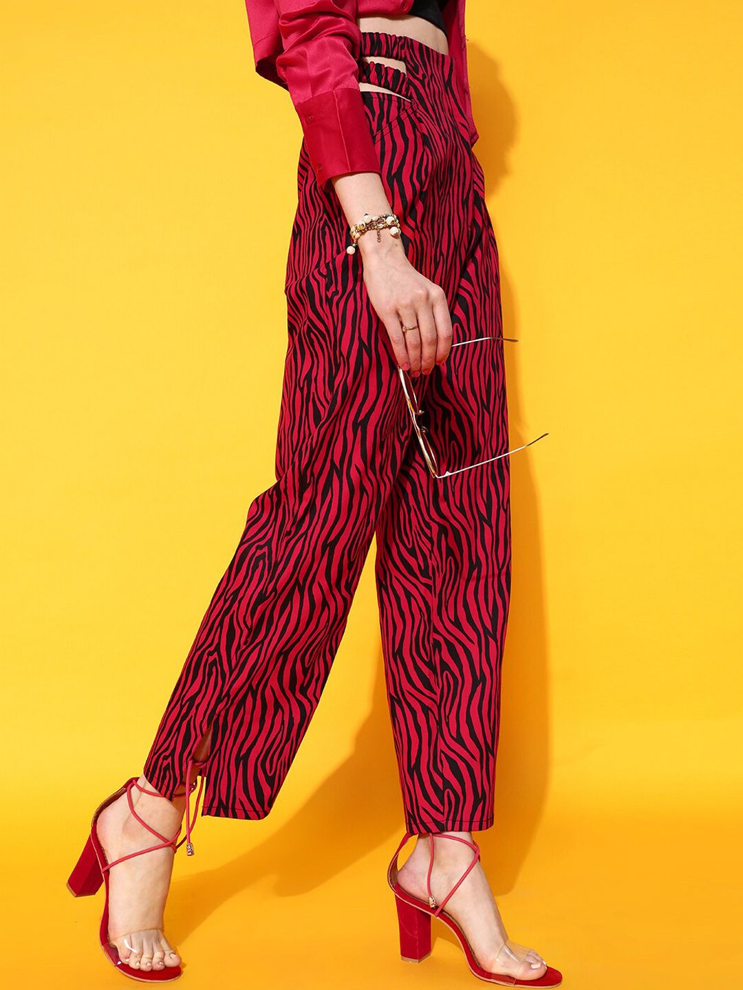 STREET 9 Women Red Abstract Printed Smart Straight Fit High-Rise Trousers