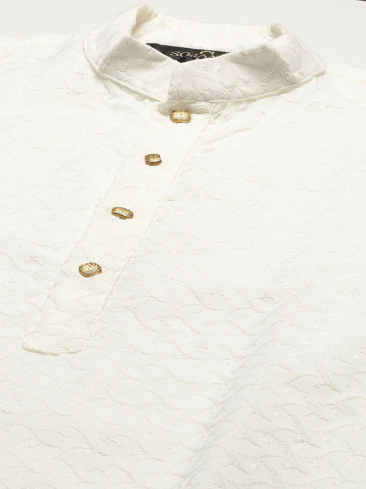 SOJANYA Men Cream-Coloured Chikankari Pure Cotton Kurta with Churidar & Nehru Jacket