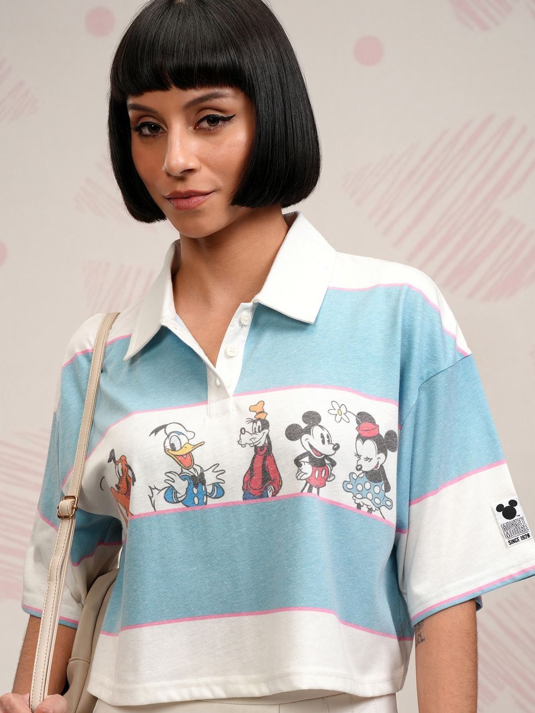 Tokyo Talkies Disney Women Mickey Friends Striped Crop Tshirt