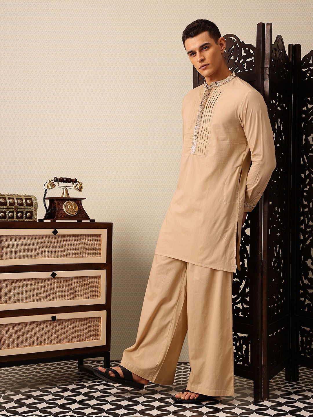 House of Pataudi Floral Yoke Design Thread Work Pure Cotton Jashn Kurta with Trousers