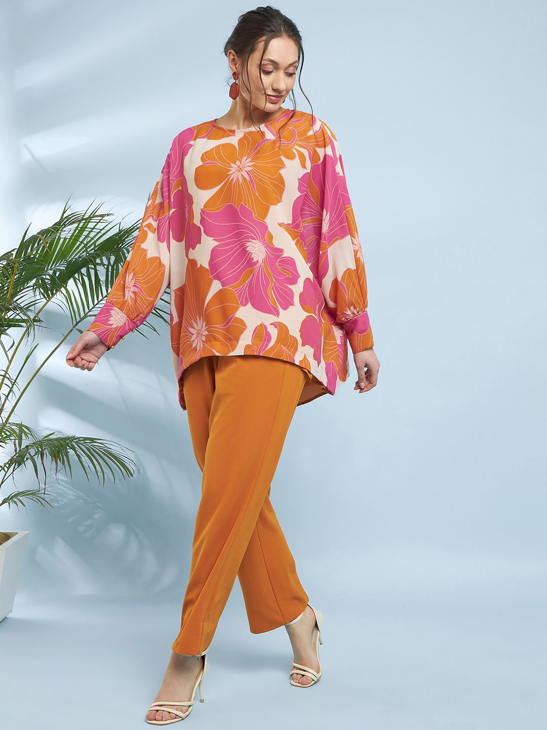 Antheaa Floral Printed Loose Fit Top With Trousers