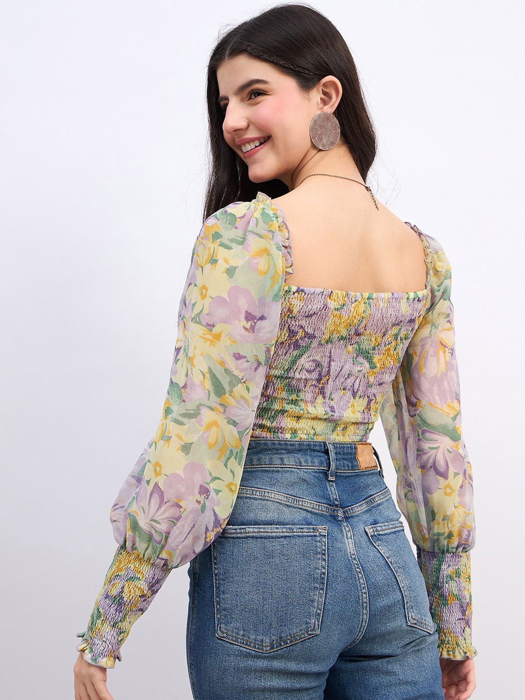 Berrylush Floral Print Bishop Sleeves Georgette Crop Top