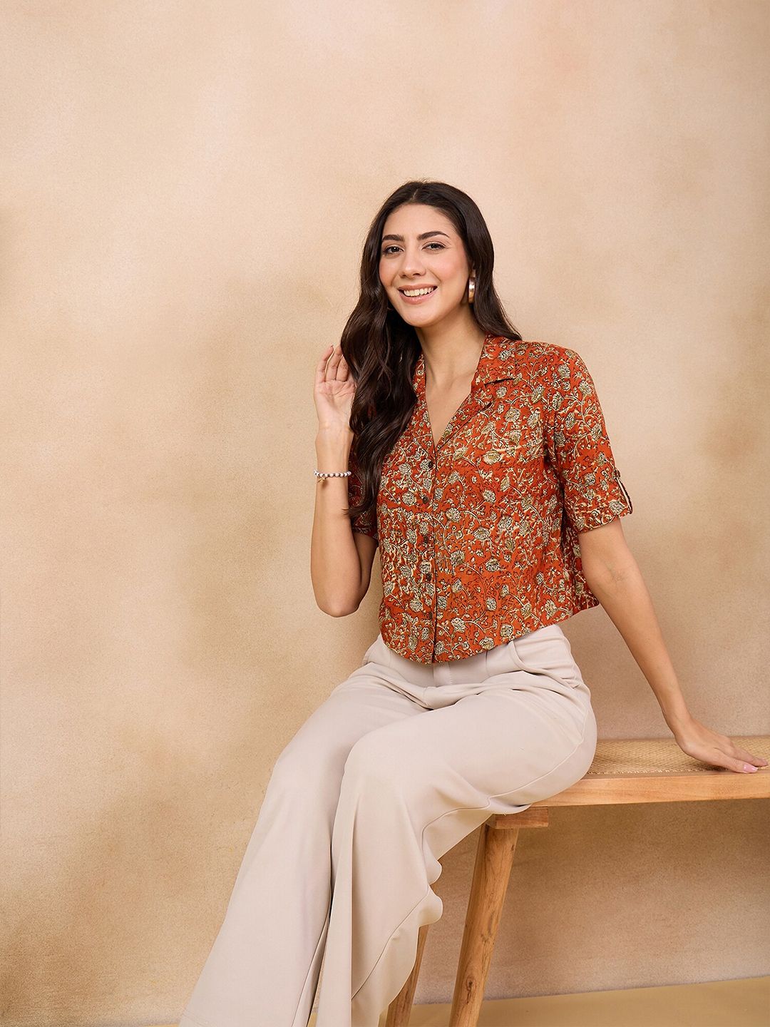 Anouk Rust Floral Print Cotton Shirt Style Top