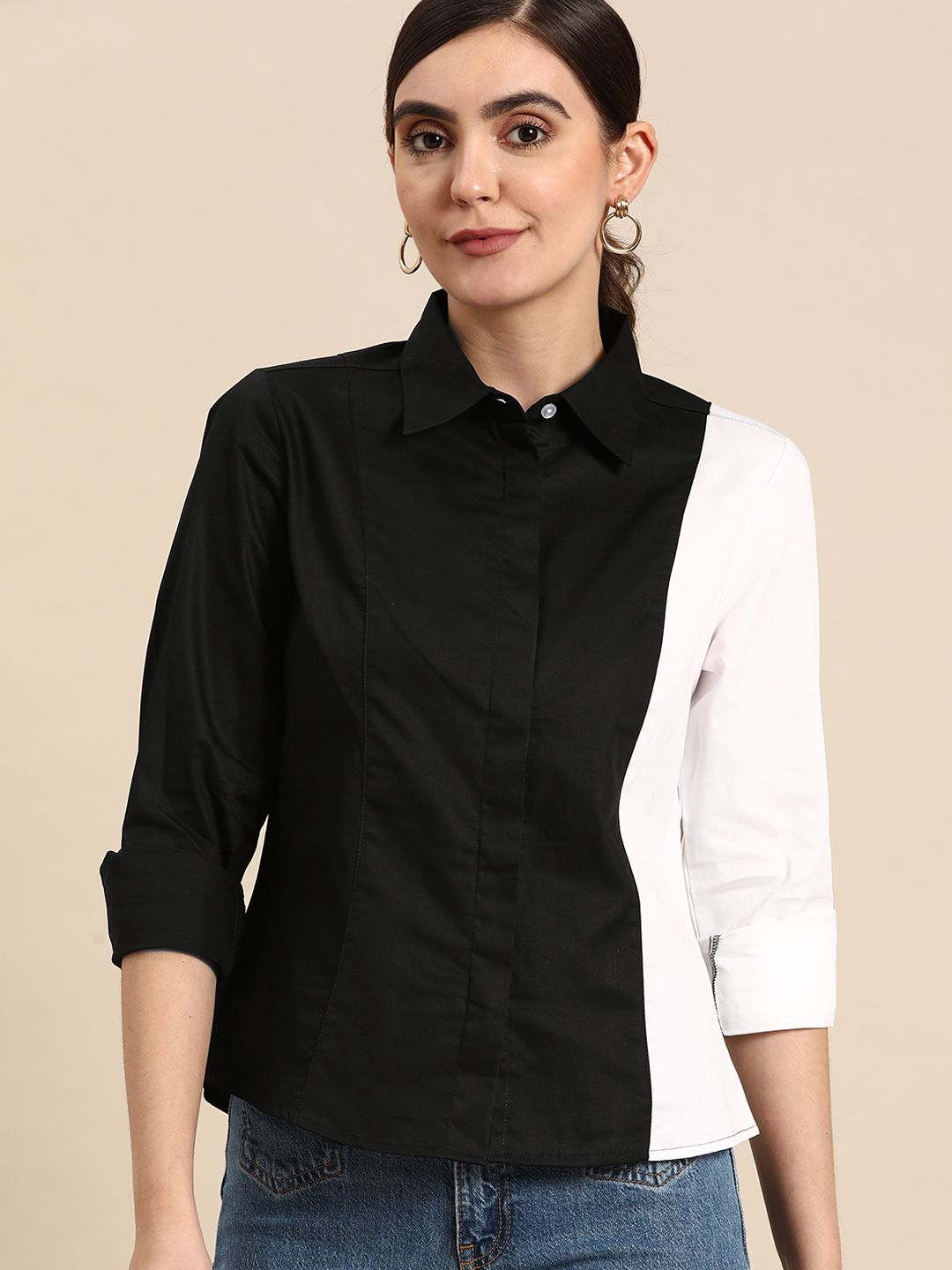 DENNISON Women Black Smart Slim Fit Opaque Colourblocked Casual Shirt