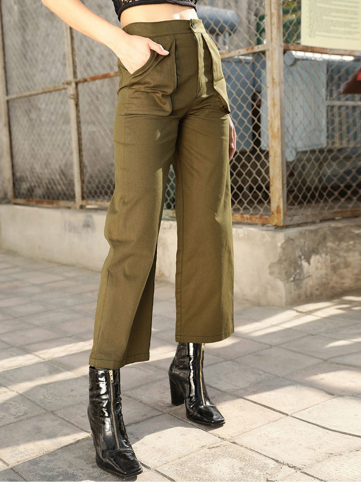 STREET 9 Women Olive Green Relaxed High-Rise Cotton Trousers