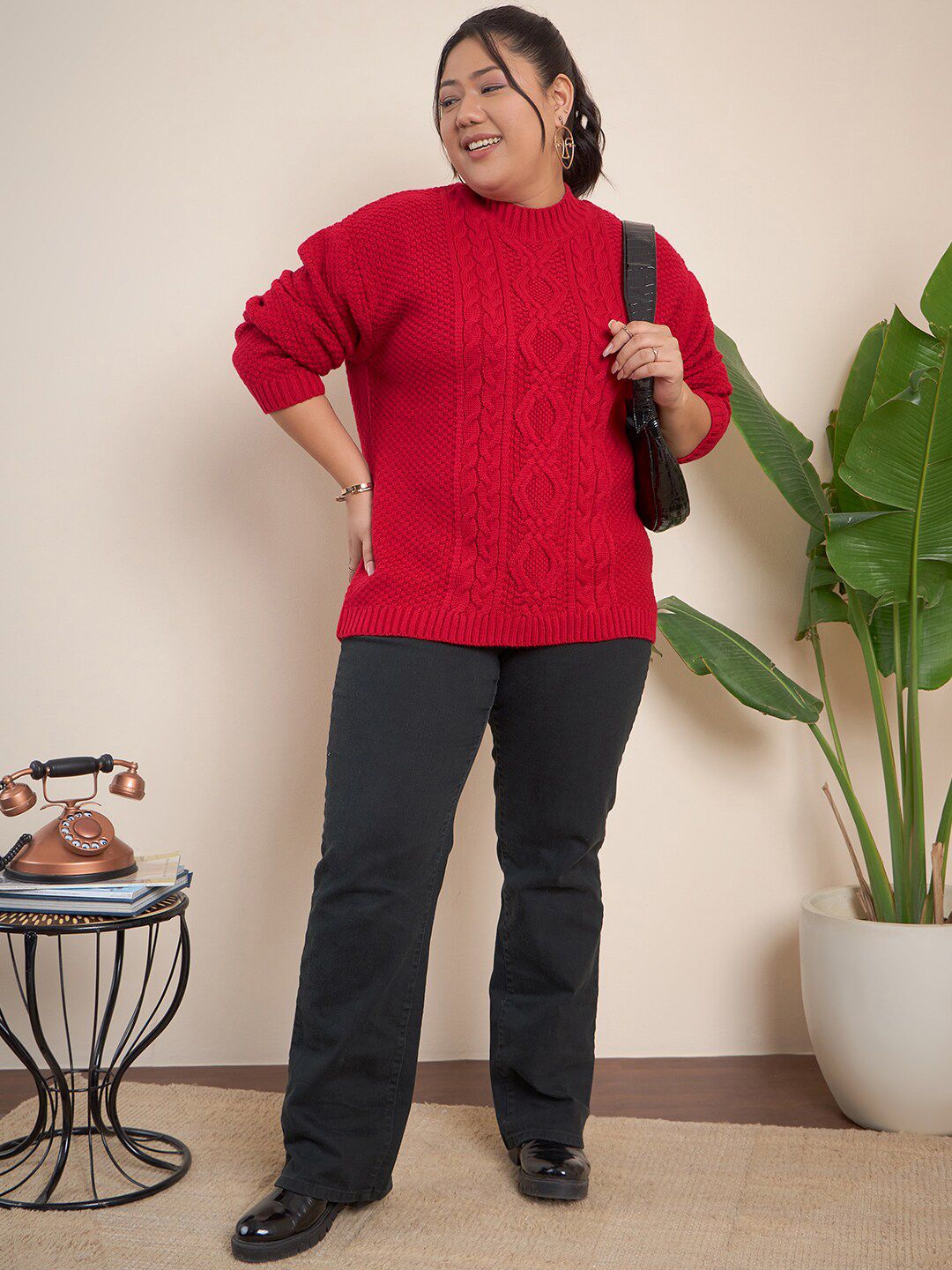 CURVY STREET Plus Size Cable Knit Self Design Acrylic Pullover